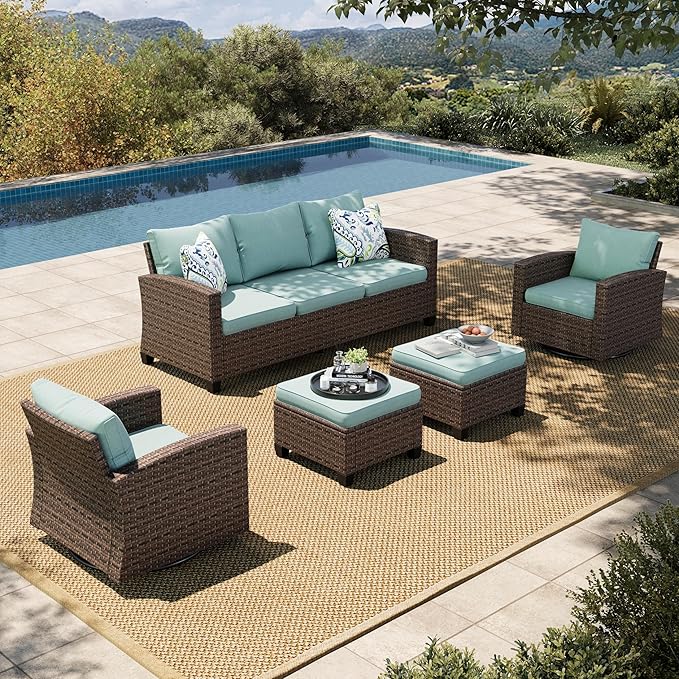HERA'S HOUSE Swivel Glider Patio Furniture Set, 5 Pieces Outdoor Seating Furniture Sets, 3-Seat Wicker Sofa with Ottomans, All Cushioned Patio Conversation Sets for Backyard Deck, Blue