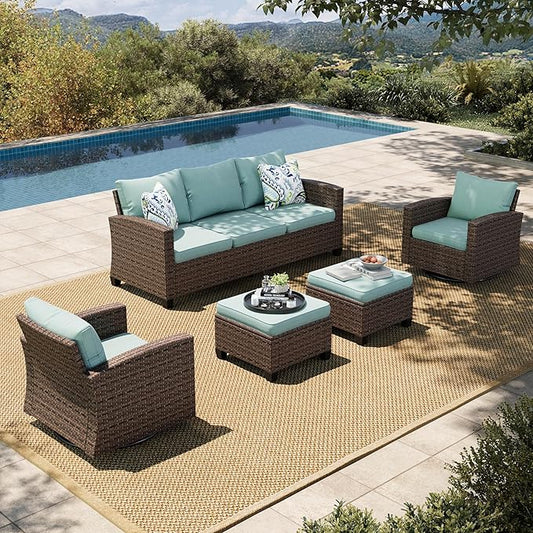 HERA'S HOUSE Swivel Glider Patio Furniture Set, 5 Pieces Outdoor Seating Furniture Sets, 3-Seat Wicker Sofa with Ottomans, All Cushioned Patio Conversation Sets for Backyard Deck, Blue