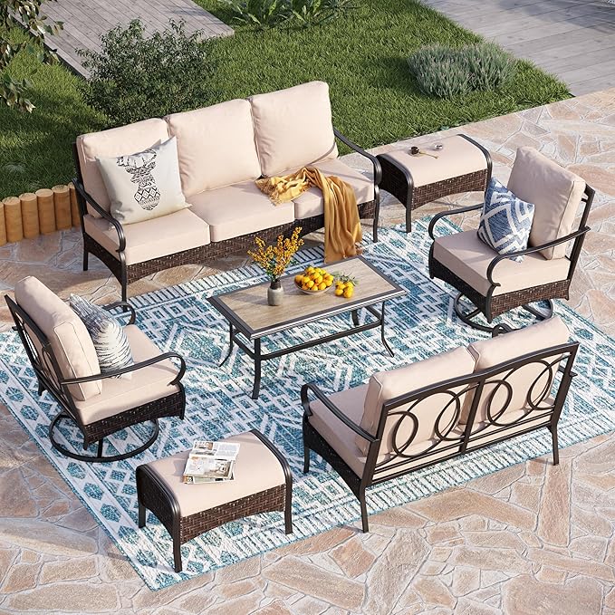 PHI VILLA Extra Large Outdoor Modern Patio Furniture Set, Upgraded Wicker&Metal Patio Furniture Conversation Set with Waterproof Thick Cushions for Porch, Poolside, Deck, and Yard(7 Pieces,Beige)