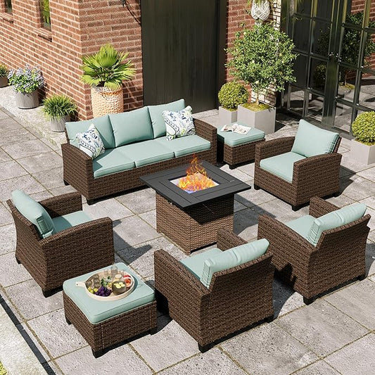Patio Furniture Set, 8 Pcs Wicker Rattan Outdoor Conversation Set, 4 x Leg Chairs, 1 x 3 Seater Sofa and 2 x Ottoman with 4" Thick Cushion and 32" Fire Pit Table, Blue
