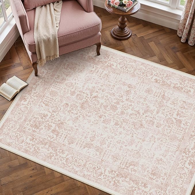 Pink Area Rug 4x6 Office Entryway Rug Machine Washable Kitchen Vintage Distressed Non Slip Carpet Indoor Retro Floral Accent Throw Door Mat for Bathroom Bedroom Dining Living Room