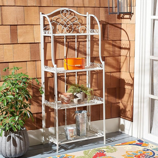 SAFAVIEH PAT5014B Outdoor Collection Amaris Antique White Wrought Iron 4-Tier Bakers Rack