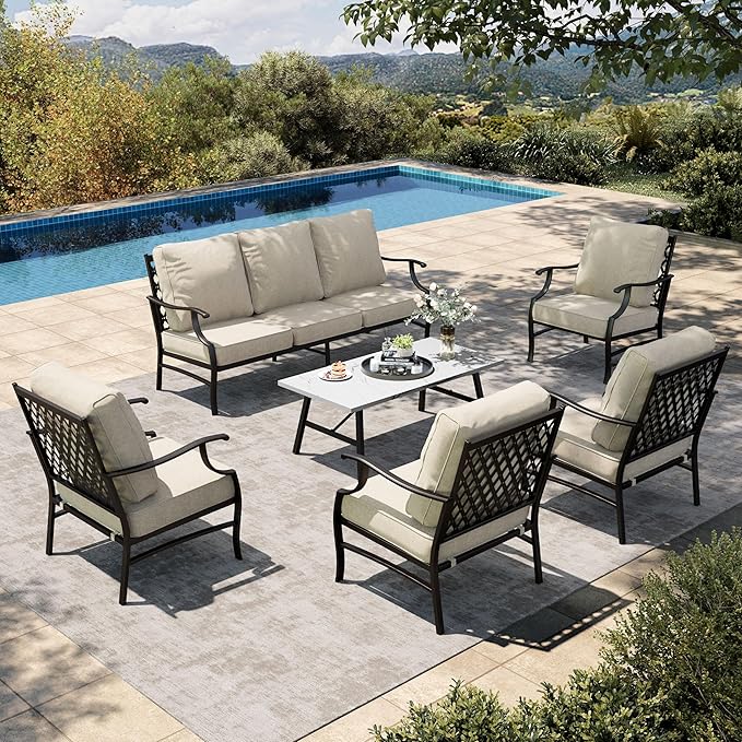 HERA'S HOUSE 6 Piece Patio Furniture Set, 4 x Fixed Metal Cushioned Chair, 1 x 3-Seat Sofa with Marbling Coffee Table, Outdoor Conversation Set for Lawn Garden Backyard Poolside