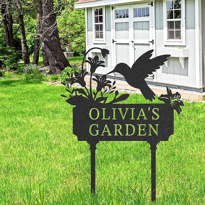 Personalized Metal Garden Sign, Custom Name Stake Decor, Hummingbird Yard Art, Outdoor Gardening Home Decor, Garden Stake Gifts for Plant Lovers