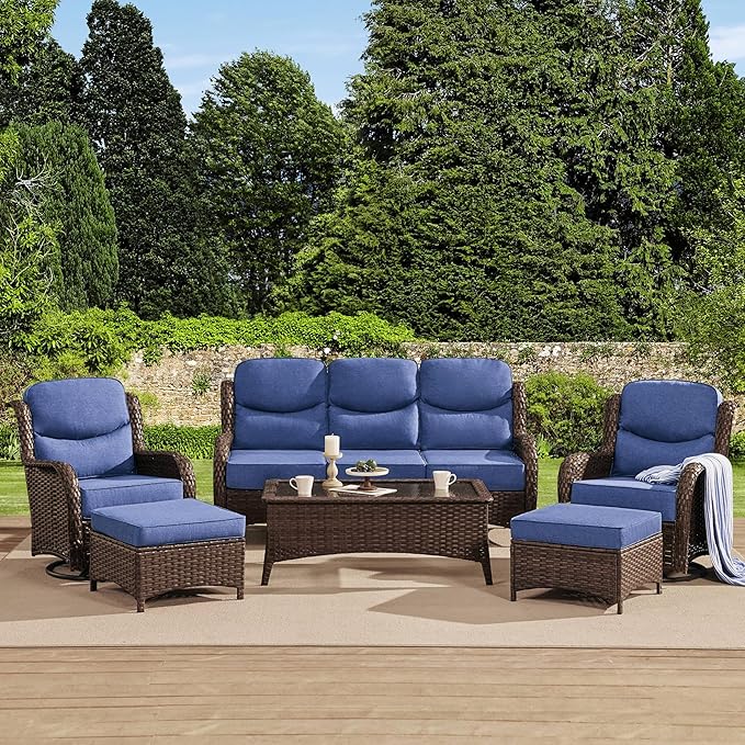 HILLGA Luxury High Back Patio Furniture Set with 6-Inch Thick Cushion, 6-Piece Outdoor Conversation Set with Sofa, Swivel Rocker Chairs & Ottomans, Ideal for Porch Pool Deck Yard (Blue)