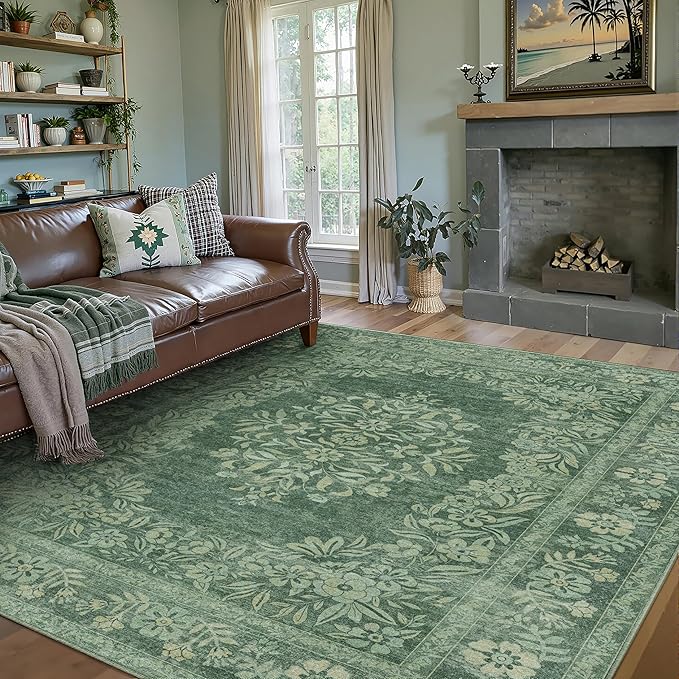 5x7 Area Rug Green Washable Vintage Distressed Living Room Carpet Large Bedroom Indoor Medallion Floral Non Slip Retro Throw Floor Mat for Office Dining Room Kitchen Bathroom