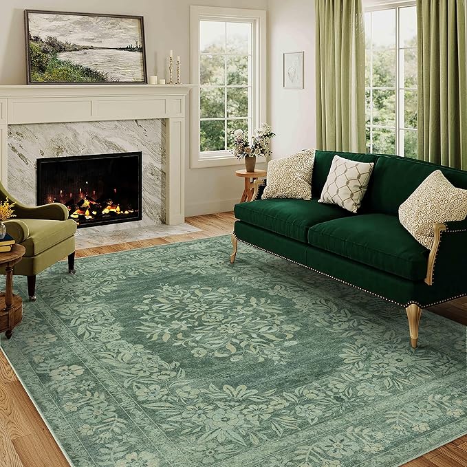 5x7 Area Rug Green Washable Vintage Distressed Living Room Carpet Large Bedroom Indoor Medallion Floral Non Slip Retro Throw Floor Mat for Office Dining Room Kitchen Bathroom